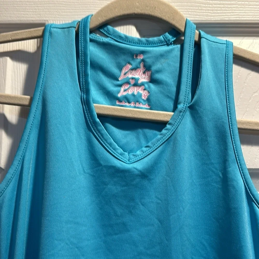 Lucky in Love Girls Core Cutout Blue Tank Top L 14 Tennis Athletic Aqua